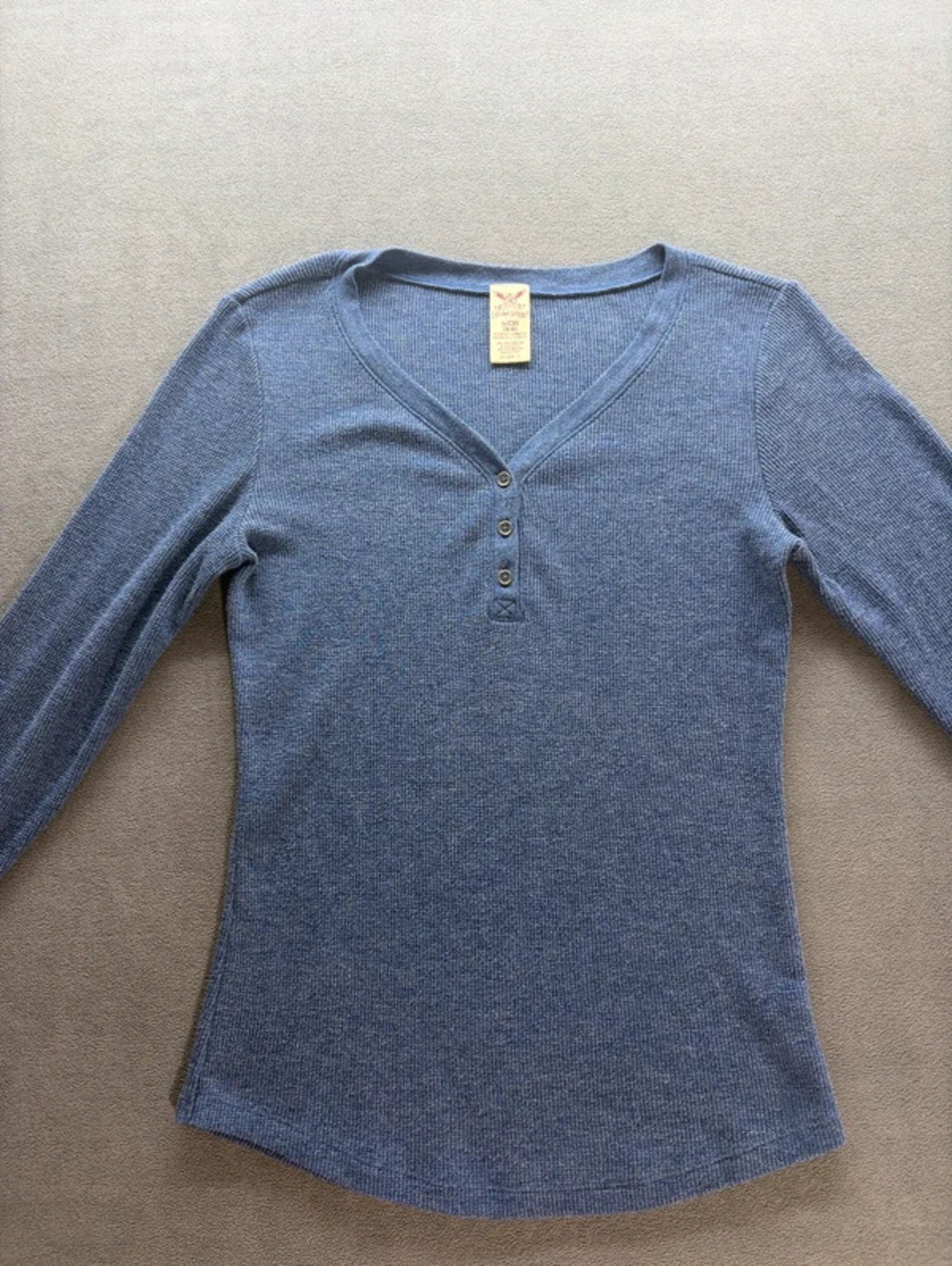 Faded Glory Blue Ribbed V-Neck Henley Long Sleeve Top